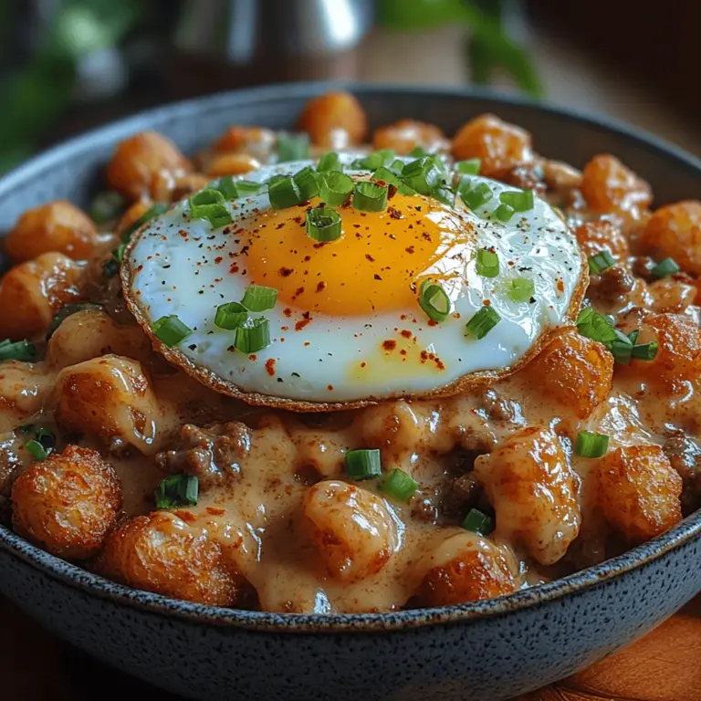 Start your day off right with a hearty Tater Tot Breakfast Bowl, a delightful dish that combines the comfort of classic breakfast foods with the fun of a hearty casserole. Imagine a bed of crispy tater tots topped with rich sausage gravy and perfectly cooked eggs, all coming together to create a flavor-packed meal that will satisfy your morning cravings. This recipe is not only a feast for the taste buds but also a visual treat, making it perfect for impressing guests at a weekend brunch or simply indulging in a comforting breakfast at home.