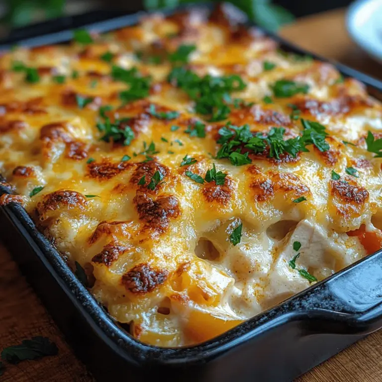 The Cheesy Chicken Delight Casserole is more than just a dish; it's a comforting embrace on a plate, designed to bring families together around the dinner table. This casserole combines tender pieces of chicken with colorful vegetables and a rich blend of creamy cheeses, creating a hearty meal that is perfect for busy weeknights and gatherings alike. Its appeal lies not only in its delicious flavor but also in its effortless preparation, making it an ideal choice for cooks looking to balance convenience with taste.