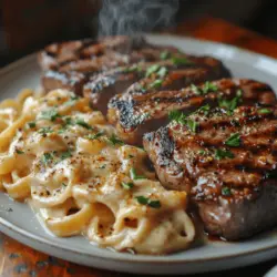 If you’re looking to impress your guests or simply indulge in a comforting weeknight meal, look no further than the delectable combination of sizzling steak and creamy garlic Parmesan pasta. This dish is not just a feast for the senses; it’s a harmonious blend of flavors and textures that will leave your taste buds dancing. Imagine succulent ribeye steak, perfectly seared to retain its juiciness, paired with velvety fettuccine pasta enveloped in a rich and creamy garlic sauce. This recipe is versatile enough to elevate a special occasion or bring a gourmet feel to any evening at home.