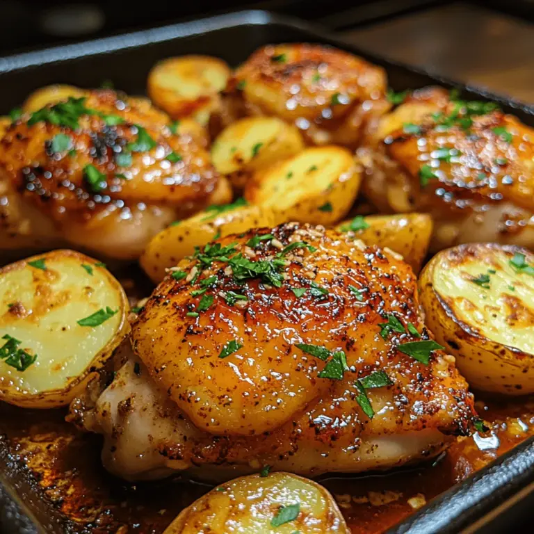 Welcome to the world of Garlic Parmesan Chicken & Potatoes Delight, a dish that perfectly marries savory flavors with effortless preparation. This recipe has quickly become a favorite among home cooks, and it's easy to see why. The succulent chicken thighs, rich in flavor, paired with tender baby potatoes and infused with aromatic garlic and herbs, create a meal that is not only satisfying but also a feast for the senses. Whether you're planning a cozy family dinner or a gathering with friends, this dish promises to impress everyone at the table.