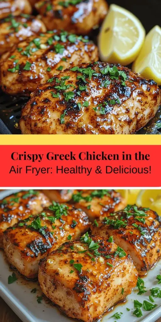 Discover a delicious and healthier twist on Mediterranean cuisine with Crispy Air Fryer Greek Chicken. This easy recipe combines boneless chicken breasts with vibrant flavors from olive oil, fresh lemon juice, and aromatic herbs. Enjoy a tender, juicy interior paired with a satisfying crispy exterior, all crafted in an air fryer for optimal health benefits. Perfect for busy weeknights or elegant gatherings, it's a dish that will impress your family and friends while keeping your diet in check. Enjoy the rich taste of Greece in your home kitchen!