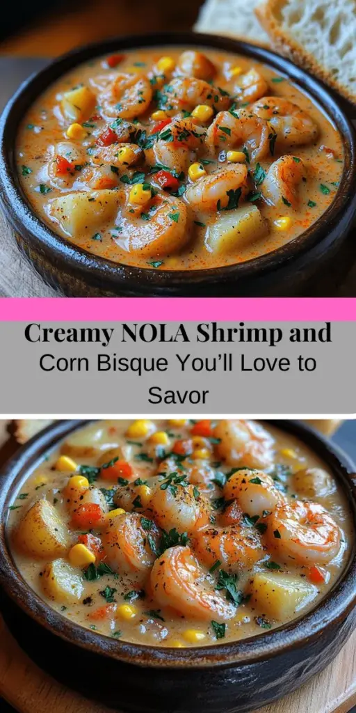 Dive into the flavors of New Orleans with this Creamy NOLA Shrimp & Corn Bisque recipe. This comforting soup blends fresh shrimp and sweet corn in a rich, creamy base, making it perfect for any season. With key ingredients like aromatic vegetables, seafood stock, and spices, each spoonful is a taste of Louisiana's culinary heritage. Easy to make and full of warmth, impress your family and friends with this delightful dish that's sure to become a favorite in your kitchen.