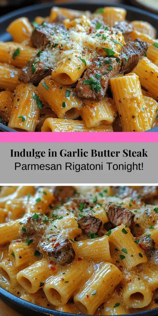 Indulge in the rich flavors of Garlic Butter Steak Parmesan Rigatoni, a perfect blend of comfort and elegance. This delicious dish features tender rigatoni pasta coated in a creamy garlic butter sauce, complemented by juicy sirloin steak and topped with freshly grated Parmesan. Ideal for cozy dinners or impressing guests, this recipe is versatile and easy to prepare. Enjoy a satisfying culinary experience that brings the joy of homemade Italian cuisine to your table.