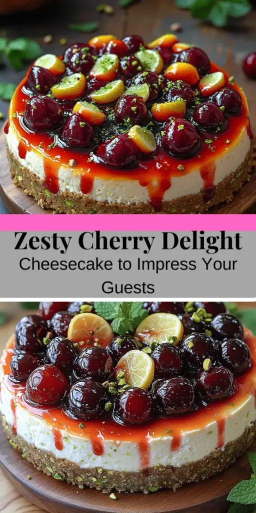 Discover a delightful twist on the classic cheesecake with the Zesty Cherry Delight Cheesecake recipe. Bursting with the vibrant flavors of lemon, lime, and fresh cherries, this dessert is perfect for summer celebrations. Its creamy filling, complemented by a crunchy pistachio crust, creates a satisfying contrast in textures. Enjoy this stunning cheesecake at your next gathering or as a special treat at home. Experience the joy of baking and sharing this visually appealing and delicious dessert!