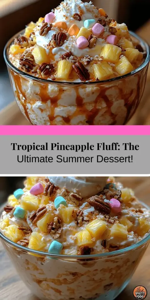 Discover the refreshing delight of Tropical Paradise Pineapple Fluff, the ultimate summer dessert that’s light, colorful, and bursting with tropical flavors. Perfect for any gathering, this fluffy treat features crushed pineapple, cream cheese, and whipped topping, creating a creamy texture that pleases everyone. Easy to prepare and eye-catching, it’s the ideal dish to brighten up any picnic or barbecue. Bring sunshine to your table with this deliciously simple dessert!