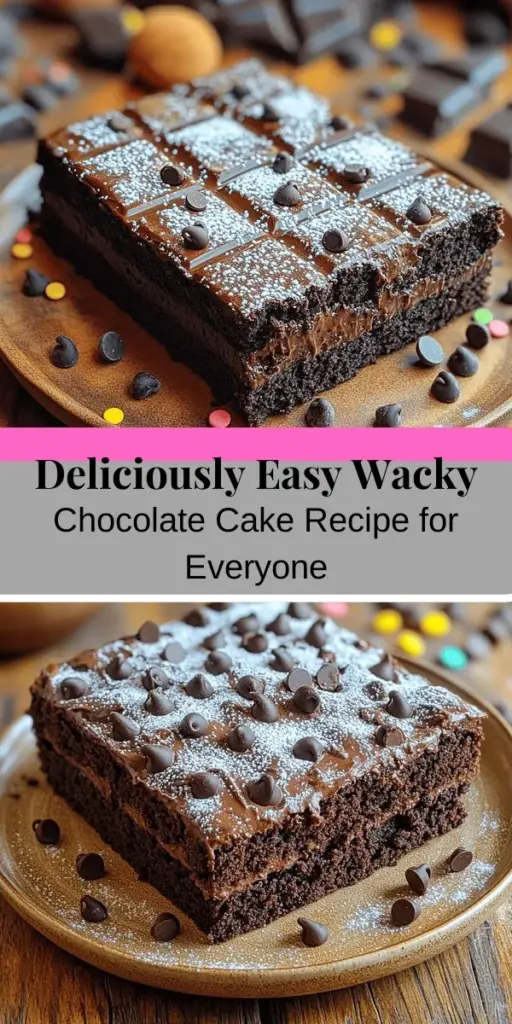 Discover the joy of baking with Wacky Chocolate Cake, a delightful dessert that’s simple enough for beginners yet indulgent enough to impress. This easy recipe requires no eggs or dairy, making it perfect for vegans and those with allergies. With a rich chocolate flavor and a moist texture, it's great for any occasion. Create your version with optional chocolate chips, fruits, or your favorite toppings. Treat yourself and loved ones to this crowd-pleaser!