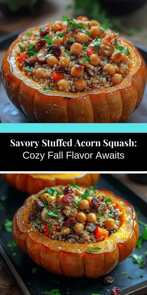 Embrace the flavors of fall with this Savory Stuffed Acorn Squash recipe! Acorn squash, with its sweet and nutty taste, makes for a perfect vessel for a nutritious filling of quinoa, veggies, and spices. Packed with vitamins, fiber, and plant-based protein, this dish is not only delicious but wholesome too. Ideal for gatherings, it’s a visually stunning centerpiece that will impress your family and friends. Discover the joy of cooking with seasonal ingredients and make mealtime special!