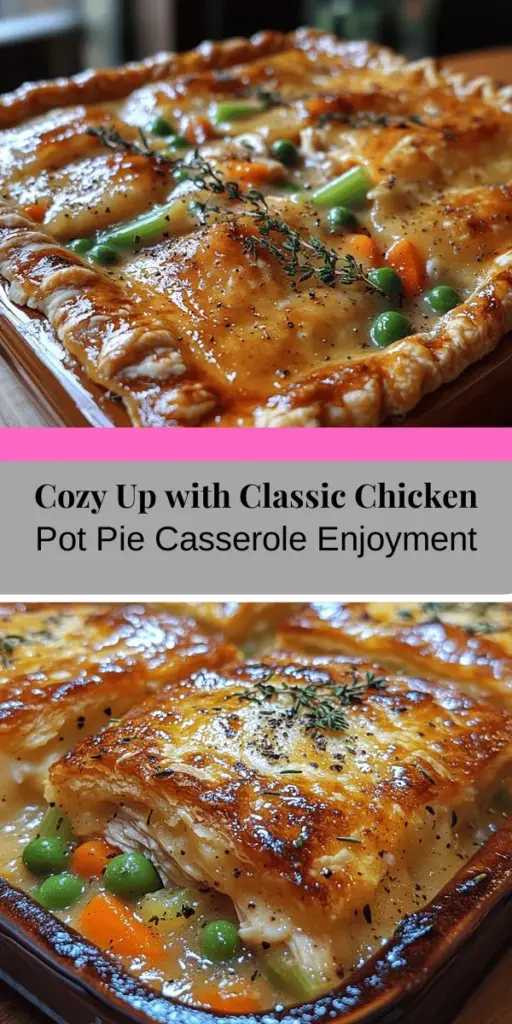 Indulge in the heartwarming comfort of Chicken Pot Pie Casserole, a classic dish that brings family and friends together. This one-dish wonder combines tender chicken, an array of colorful vegetables, and a creamy sauce, all topped with a flaky crust or fluffy biscuit dough for easy serving. Perfect for weeknight dinners or gatherings, this casserole is simple to prepare yet packed with rich flavors. Create new memories around the table with this nourishing dish that warms both the body and soul.