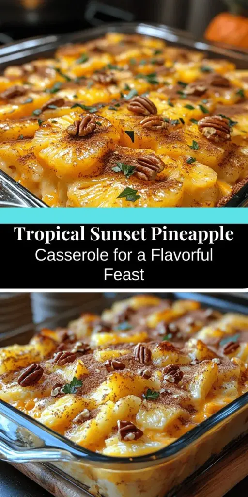 Discover the Tropical Sunset Pineapple Casserole, a delicious blend of sweet pineapple and savory cheddar cheese that brings the essence of tropical flavors to your table. Perfect as a side dish or dessert, this casserole features a crunchy Ritz cracker topping and optional nuts for added texture. With its vibrant ingredients, it's not just a meal, but a delightful experience meant to be shared with family and friends. Check out the recipe today!