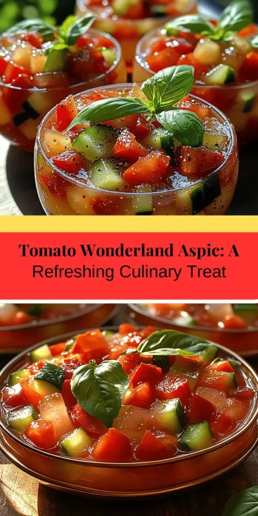 Discover the vibrant and refreshing Tomato Wonderland Aspic, a culinary delight perfect for summer gatherings and elegant brunches. This visually stunning dish showcases diced vegetables suspended in a glossy, ruby-red gelatin, elevating any table setting. Learn about its unique ingredients, including ripe tomatoes, fresh vegetables, and flavorful seasonings, while following a simple step-by-step guide to create this impressive appetizer. Embrace the art of aspic-making and surprise your guests with this delightful treat!