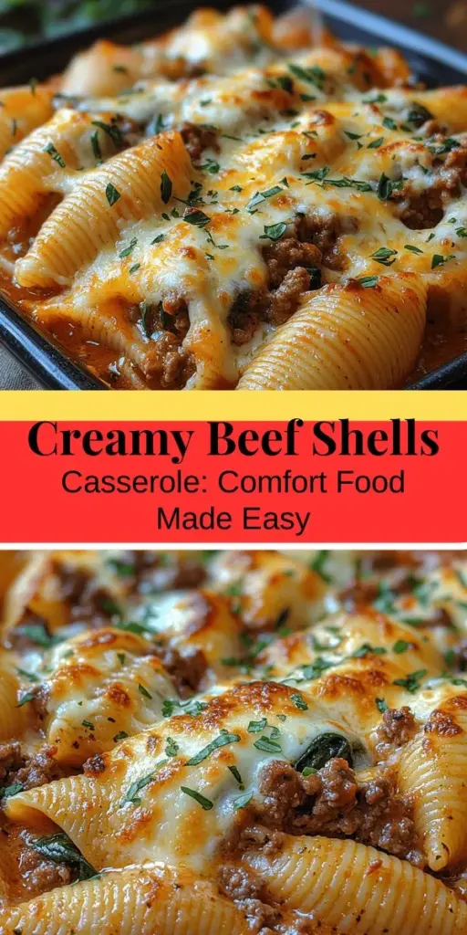 Indulge in the comforting goodness of Decadent Creamy Beef Shells Casserole, a family favorite that combines jumbo pasta shells stuffed with a savory beef and cheese filling, fresh vegetables, and rich tomato sauce. This dish is easy to prepare and perfect for busy weeknights or gatherings. With its creamy texture and robust flavors, it's sure to delight everyone at the table. Customize it with your favorite ingredients for a delicious twist on comfort food.