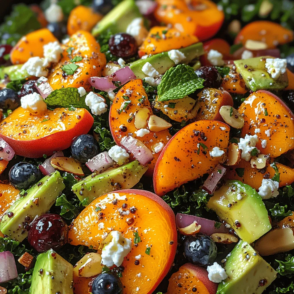 As the sun shines brightly and the days grow longer, the desire for fresh, vibrant meals intensifies. One dish that captures the essence of summer is the <strong>Vibrant Summer Peach and Blueberry Kale Salad</strong>. This salad not only embodies the colors and flavors of the season but also offers a delightful combination of textures and nutrients that make it a perfect choice for any occasion. Whether you’re hosting a picnic, attending a barbecue, or simply looking for a light dinner option, this salad stands out as a refreshing and satisfying choice.” /></p>
</p>
<h3>Step-by-step Breakdown of the Dressing Ingredients and Their Flavor Profiles</h3>
</p>
<p>Creating the perfect dressing for your Vibrant Summer Peach and Blueberry Kale Salad is essential for enhancing its flavors. The dressing brings all the ingredients together, adding a zesty and refreshing touch. Here’s a breakdown of the dressing ingredients:</p>
</p>
<p>1. <strong>Olive Oil</strong>: A fundamental base for any salad dressing, extra virgin olive oil adds richness and depth. Its fruity flavor complements the sweetness of the peaches and blueberries beautifully.</p>
</p>
<p>2. <strong>Apple Cider Vinegar</strong>: This vinegar adds a tangy kick, balancing the sweetness of the salad. It also promotes digestion and enhances the overall flavor profile of the dish.</p>
</p>
<p>3. <strong>Maple Syrup or Honey</strong>: Depending on your dietary preferences, you can choose either maple syrup for a vegan touch or honey for a natural sweetness. Both options meld seamlessly with the acidity of the vinegar and the richness of the oil.</p>
</p>
<p>4. <strong>Dijon Mustard</strong>: A touch of Dijon mustard adds a sharp, piquant flavor that elevates the dressing. It helps emulsify the dressing, ensuring a smooth blend of ingredients.</p>
</p>
<p>5. <strong>Salt and Pepper</strong>: Simple yet essential, these seasonings enhance the overall flavors of the dressing. Freshly cracked black pepper lends a subtle heat, while salt brings out the natural flavors of all the ingredients.</p>
</p>
<h4>Tips for Customizing the Dressing</h4>
</p>
<p>Customization is key to making this dressing fit your personal taste. Here are some tips:</p>
</p>
<p>– <strong>Vegan Option</strong>: Opt for maple syrup instead of honey to keep the dressing vegan-friendly while still providing sweetness.</p>
<p>– <strong>Herbs</strong>: Fresh herbs like basil or mint can be added to infuse the dressing with a fresh herbal note that complements the salad beautifully.</p>
<p>– <strong>Citrus Zest</strong>: Adding a teaspoon of lemon or orange zest can enhance the dressing’s brightness and bring an extra layer of flavor.</p>
<p>– <strong>Spiciness</strong>: For those who enjoy a little heat, a pinch of red pepper flakes can be incorporated into the dressing for a delightful kick.</p>
</p>
<h3>Preparing the Salad</h3>
</p>
<p>With the dressing ready, it’s time to prepare the salad. The following steps will guide you through creating a fresh and vibrant meal.</p>
</p>
<h4>Massaging Kale: Techniques and Benefits</h4>
</p>
<p>Start with the kale, the base of this salad. Massaging the kale is a crucial step that transforms its texture, making it more palatable and digestible. Here’s how to do it:</p>
</p>
<p>1. <strong>Remove Stems</strong>: Begin by tearing the kale leaves from their stems. Discard the tough stems and place the leaves in a large bowl.</p>
</p>
<p>2. <strong>Add Oil and Salt</strong>: Drizzle a small amount of olive oil and sprinkle a pinch of salt over the kale.</p>
</p>
<p>3. <strong>Massage</strong>: Using your hands, gently rub and squeeze the kale leaves. This process should take about 2-3 minutes until the leaves turn a darker shade and feel softer. The massage breaks down the fibrous structure, making it tender and flavorful.</p>
</p>
<p>4. <strong>Let it Rest</strong>: Allow the kale to sit for a few minutes after massaging. This helps it absorb flavors from the dressing and the other ingredients when combined.</p>
</p>
<h4>Combining Ingredients for the Best Flavor and Texture</h4>
</p>
<p>Once your kale is perfectly massaged and ready, it’s time to combine it with the other ingredients:</p>
</p>
<p>1. <strong>Add Fruits</strong>: Gently fold in the sliced peaches and blueberries, ensuring they are evenly distributed throughout the kale.</p>
</p>
<p>2. <strong>Include Avocado</strong>: If using avocado, slice it just before adding it to the salad to prevent browning. Gently fold in the avocado chunks to avoid mashing them.</p>
</p>
<p>3. <strong>Cheese and Nuts</strong>: If you’re adding cheese (like feta or goat cheese) and nuts (such as pecans or walnuts), sprinkle them over the salad now.</p>
</p>
<h4>Tips for Gentle Tossing</h4>
</p>
<p>When tossing the salad, be cautious, especially with delicate ingredients like avocado. Here’s how to do it properly:</p>
</p>
<p>– <strong>Use a Large Bowl</strong>: This gives you more space to toss without crushing the ingredients.</p>
<p>– <strong>Lift and Fold</strong>: Instead of stirring vigorously, lift the ingredients from the bottom and fold them over the top. This technique helps maintain the integrity of the fruits and avocado.</p>
</p>
<h4>Suggestions for Plating and Presentation</h4>
</p>
<p>Presentation is key to any salad, especially one as colorful as this. Here are some tips to enhance its visual appeal:</p>
</p>
<p>– <strong>Layering</strong>: Create height by layering kale, then fruits, followed by cheese and nuts on top.</p>
<p>– <strong>Garnish</strong>: Finish with a sprinkle of additional nuts or a few extra fruits on top for a pop of color.</p>
<p>– <strong>Serve in Clear Bowls</strong>: Using a glass bowl allows the vibrant colors to shine through, making the salad look even more appetizing.</p>
</p>
<h3>Seasonal Variations and Substitutions</h3>
</p>
<p>One of the beauties of this salad is its versatility. You can easily switch out ingredients based on what’s in season or what you have on hand.</p>
</p>
<h4>Alternative Seasonal Fruits and Vegetables</h4>
</p>
<p>– <strong>Fruits</strong>: In the fall, consider using apples or pears. In winter, pomegranate seeds can add a burst of flavor and color. During spring, strawberries can be a lovely addition.</p>
<p>– <strong>Vegetables</strong>: If kale isn’t available, try using spinach or Swiss chard for a different texture and flavor.</p>
</p>
<h4>Suggestions for Different Cheeses or Nut Options</h4>
</p>
<p>– <strong>Cheeses</strong>: If you prefer a different cheese, try crumbled blue cheese for a sharp contrast or a creamy burrata for richness.</p>
<p>– <strong>Nuts</strong>: Swap pecans for almonds or pistachios for a different crunch and flavor profile. You can toast them lightly for added flavor.</p>
</p>
<h4>Ideas for Adding Protein</h4>
</p>
<p>To turn this salad into a complete meal, consider adding protein:</p>
</p>
<p>– <strong>Grilled Chicken</strong>: Sliced grilled chicken breast adds a hearty element and works wonderfully with the salad.</p>
<p>– <strong>Chickpeas</strong>: For a plant-based protein option, include roasted chickpeas, which add texture and flavor.</p>
<p>– <strong>Tofu</strong>: Marinated and grilled tofu can provide a great protein source for a vegan or vegetarian option.</p>
</p>
<h3>The Versatility of Summer Salads</h3>
</p>
<p>Summer salads are not just refreshing; they can also be a versatile meal option that fits various occasions. Here’s how to fully embrace the concept of summer salads:</p>
</p>
<h4>Refreshing, Healthy Meal Options</h4>
</p>
<p>Summer salads, like this Vibrant Summer Peach and Blueberry Kale Salad, are a smart way to enjoy the bounty of the season. They are light yet filling, packed with nutrients from fresh produce. The combination of flavors and textures makes them satisfying without weighing you down.</p>
</p>
<h4>Serving as a Side Dish or Main Course</h4>
</p>
<p>This salad can easily serve dual purposes:</p>
</p>
<p>– <strong>As a Side Dish</strong>: Pair it with grilled meats or seafood at your next barbecue or picnic.</p>
<p>– <strong>As a Main Course</strong>: Add protein, as previously mentioned, and enjoy it as a filling lunch or dinner option.</p>
</p>
<h4>Pairing the Salad with Complementary Dishes</h4>
</p>
<p>To create a complete meal, consider serving this salad alongside:</p>
</p>
<p>– <strong>Grilled Fish or Chicken</strong>: The lightness of the salad complements the richness of grilled proteins perfectly.</p>
<p>– <strong>Quinoa or Couscous</strong>: For a wholesome side, consider serving a small portion of quinoa or couscous, which can absorb the flavors of the salad dressing.</p>
<p>– <strong>Crusty Bread</strong>: A slice of artisan bread can also enhance the meal, perfect for soaking up any remaining dressing.</p>
</p>
<h3>Conclusion</h3>
</p>
<p>The Vibrant Summer Peach and Blueberry Kale Salad is a celebration of flavors and health benefits, making it an ideal dish for the warm months. Its blend of sweet fruits, nutrient-rich kale, and a delectable dressing creates a refreshing experience that’s hard to resist.</p>
</p>
<p>By embracing fresh, seasonal ingredients, you can create a dish that not only satisfies the palate but also nourishes the body. Whether you serve it as a light lunch, a side dish at a gathering, or a main course with added protein, this salad is versatile enough to fit various dietary preferences and occasions.</p>
</p>
<p>Don’t hesitate to experiment with the ingredients and customize this recipe to suit your taste. The beauty of summer salads lies in their adaptability, allowing you to enjoy the season’s bounty in every delicious bite. So gather your ingredients, whip up this salad, and indulge in a vibrant culinary experience that highlights the best of summer!</p>
</div>