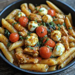 The Caprese Chicken Pasta Skillet is an exquisite dish that beautifully marries the classic flavors of a traditional Caprese salad with the heartiness of pasta and the tenderness of chicken. This vibrant one-pan meal is not only a feast for the eyes with its colorful ingredients but also a symphony of taste that tantalizes the palate. Perfect for busy weeknights or casual gatherings with friends, this recipe showcases how simplicity can lead to extraordinary flavors. With quick preparation and minimal cleanup, this dish is ideal for those who cherish good food without the fuss.