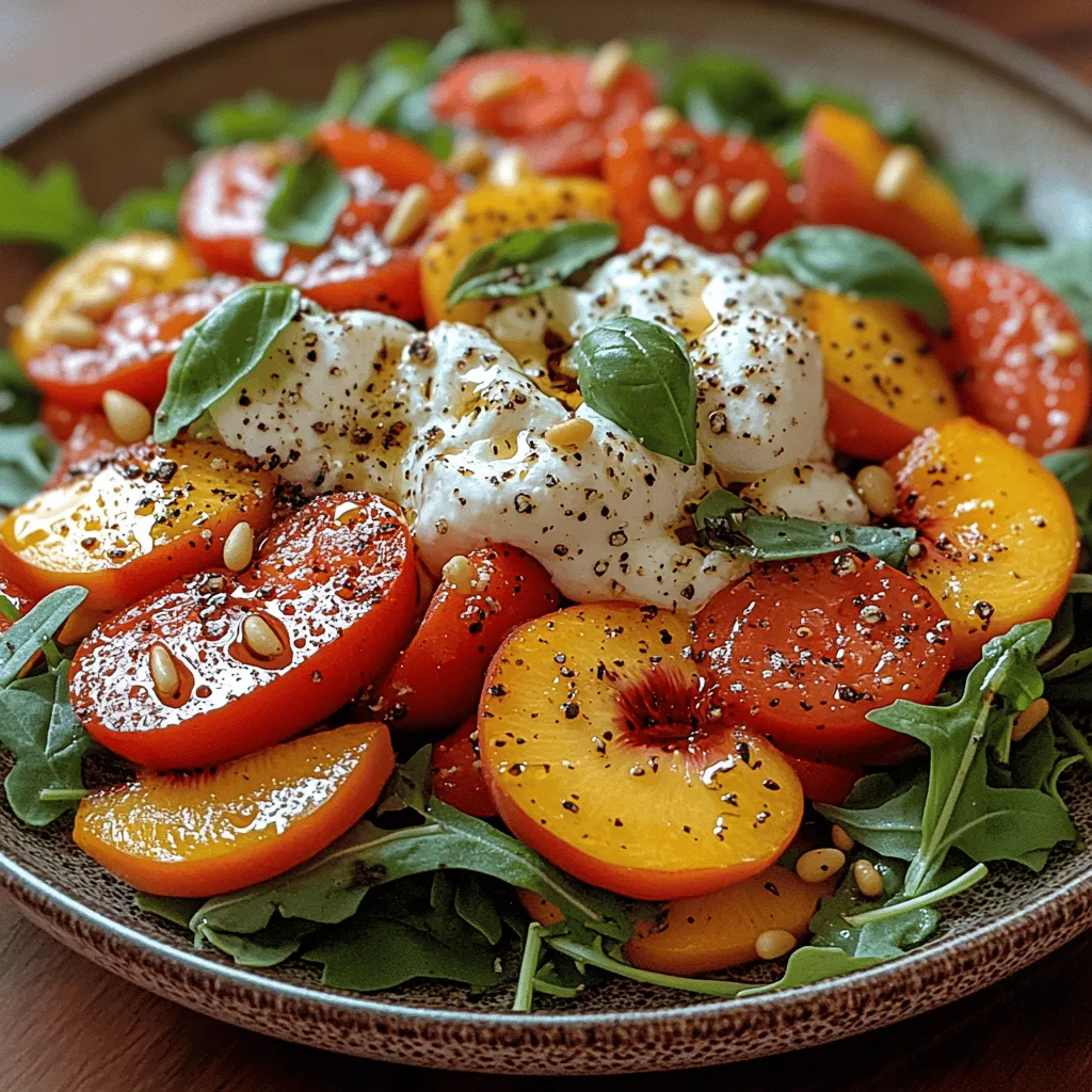 Tomato Peach Burrata Bliss is a vibrant summer salad that captures the essence of the season in each bite. This dish combines the juicy sweetness of ripe peaches with the rich creaminess of burrata cheese, complemented by the fresh, tangy notes of heirloom tomatoes. Each ingredient plays a crucial role in creating a delightful balance of flavors and textures that will tantalize your taste buds and elevate your dining experience. Perfect for light lunches, picnics, or as an appetizer for gatherings, this salad not only looks stunning but also showcases the beauty of seasonal produce at its finest.