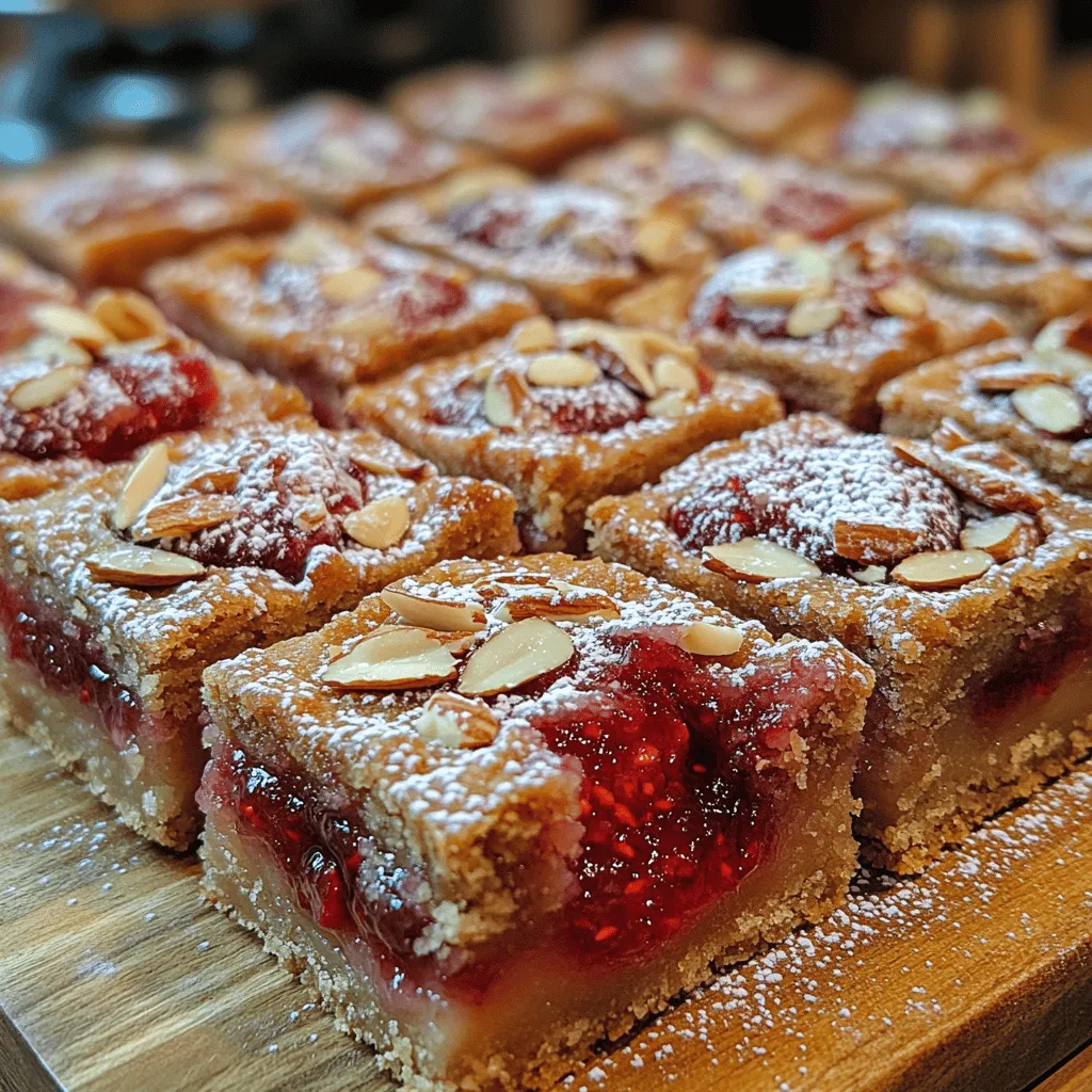 Thumbprint cookies and bars have become beloved staples in bakeries and home kitchens alike. Their charming, indented centers, typically filled with jam or chocolate, invite you to take a bite and experience a burst of flavor. Among the many variations of these treats, <strong>Raspberry Almond Thumbprint Bars</strong> stand out as a delightful blend of sweet and nutty flavors, combining the tartness of raspberries with the richness of almonds. This unique pairing not only tantalizes the taste buds but also delivers a pleasing texture that is both chewy and crunchy.” /></p>
</p>
<h3>Making the Crust</h3>
</p>
<p>Creating the perfect crust for your Raspberry Almond Thumbprint Bars is essential for ensuring a delightful texture that balances the sweet and tart filling. Here’s how to make it just right.</p>
</p>
<h4>Whisking Dry Ingredients</h4>
</p>
<p>Start by gathering your dry ingredients: all-purpose flour, almond flour, baking powder, and a pinch of salt. In a large mixing bowl, combine these elements. Using a whisk, blend the ingredients together thoroughly. This step is crucial as it helps to aerate the flour and evenly distribute the baking powder and salt, which will contribute to a lighter texture in your bars. Aim for a uniform mixture without any clumps; this will ensure that your crust bakes evenly and rises beautifully.</p>
</p>
<h4>Creaming Butter and Sugar</h4>
</p>
<p>Next, move on to creaming the butter and sugar. In a separate bowl, beat together softened unsalted butter and granulated sugar using an electric mixer on medium speed. The goal here is to achieve a light and fluffy texture. This process typically takes about 3-5 minutes. You want the mixture to turn pale and to have a slightly airy consistency, which will help create a tender crust. Don’t rush this step; it’s key to a delectable outcome.</p>
</p>
<h4>Combining Wet and Dry Ingredients</h4>
</p>
<p>Once your butter and sugar are creamed to perfection, it’s time to combine the wet and dry ingredients. Gradually add the dry mixture to the creamed butter and sugar, mixing on low speed until just combined. Be careful not to overmix; you want to achieve a smooth dough without developing too much gluten. When the dough starts to come together, you can use a spatula to finish folding the ingredients gently.</p>
</p>
<h3>Pressing the Dough</h3>
</p>
<p>With your dough ready, it’s time to prepare it for baking.</p>
</p>
<h4>Techniques for Evenly Distributing the Dough in the Baking Pan</h4>
</p>
<p>Line a 9×13-inch baking pan with parchment paper, allowing some overhang for easy removal later. Begin by taking portions of the dough and pressing it evenly into the bottom of the prepared pan. Use your fingers to spread the dough, ensuring it reaches every corner. A flat-bottomed measuring cup can also be helpful to create an even layer. This crust should be about 1/4 inch thick, providing a sturdy base for your thumbprint bars.</p>
</p>
<h4>Importance of Thumbprint Indentations for Filling</h4>
</p>
<p>Once the dough is evenly spread, it’s crucial to create the thumbprint indentations that will hold the raspberry filling. Use your thumb or the back of a spoon to gently press into the dough, making wells that are deep enough to hold the jam but not so deep that they reach the bottom of the crust. Aim for about 1 inch apart for each indentation to allow for some spreading during baking.</p>
</p>
<h3>Preparing the Filling</h3>
</p>
<p>The filling is where the magic happens.</p>
</p>
<h4>Mixing Raspberry Jam with Almond Extract</h4>
</p>
<p>In a small bowl, combine your favorite raspberry jam with a splash of almond extract. This addition will enhance the nutty flavor of the bars and complement the almonds perfectly. Stir the mixture until smooth and well combined. If your jam is too thick, you can microwave it for a few seconds to loosen it up for easier spooning.</p>
</p>
<h4>Spoon Placement Tips for Filling the Thumbprints</h4>
</p>
<p>Using a teaspoon, carefully fill each thumbprint with the raspberry filling. Be mindful not to overfill, as the jam can bubble over during baking. A good rule of thumb is to fill it just below the rim of the indentation. This will ensure that the filling stays contained while still providing a lovely burst of flavor in every bite.</p>
</p>
<h3>Adding the Almonds</h3>
</p>
<p>The final touch before baking involves the almonds.</p>
</p>
<h4>How to Evenly Distribute Sliced Almonds</h4>
</p>
<p>Sprinkle sliced almonds evenly across the surface of the dough, ensuring they are well-distributed. This not only adds a delightful crunch but also enhances the visual appeal of your thumbprint bars. You can gently press the almonds into the filling to ensure they adhere during baking, allowing for a beautiful and delicious topping that enhances the overall flavor profile.</p>
</p>
<h3>Baking the Bars</h3>
</p>
<p>Now, you’re ready for the oven!</p>
</p>
<h4>Visual Cues for Doneness</h4>
</p>
<p>Preheat your oven to 350°F (175°C) and bake the bars for about 25-30 minutes, or until the edges are lightly golden and the center is set. Keep an eye on the bars as they bake; they should not brown too much on top. The thumbprint indentations should remain visible, filled with bubbling raspberry jam.</p>
</p>
<h4>Importance of Cooling for Texture and Flavor Development</h4>
</p>
<p>Once baked, remove the pan from the oven and allow it to cool in the pan for about 10 minutes. Then, using the parchment overhang, lift the bars out of the pan and onto a wire rack to cool completely. Cooling is an essential step as it allows the flavors to meld and the texture to set, ensuring that your thumbprint bars are perfectly chewy yet firm when cut.</p>
</p>
<h3>Enjoying Your Raspberry Almond Thumbprint Bars</h3>
</p>
<p>Once cooled, it’s time to enjoy your delicious creation!</p>
</p>
<h4>Suggestions for Serving</h4>
</p>
<p>These Raspberry Almond Thumbprint Bars are perfect for serving with a warm cup of tea or coffee, making them a wonderful addition to your afternoon snack or dessert table. Their sweet and nutty flavor profile pairs beautifully with a variety of beverages, enhancing the overall experience.</p>
</p>
<h4>Pairing Ideas with Other Flavors or Desserts</h4>
</p>
<p>For a delightful twist, consider pairing these bars with a scoop of vanilla ice cream or a dollop of whipped cream. The creamy texture and subtle sweetness will complement the tart raspberry filling. Additionally, they can be served alongside other dessert favorites, such as chocolate truffles or fruit tarts, for a well-rounded dessert platter.</p>
</p>
<h4>Presentation Ideas for Special Occasions or Gatherings</h4>
</p>
<p>If you’re looking to impress at a gathering, consider cutting the bars into elegant squares and dusting them with powdered sugar before serving. You can also place them on a decorative platter lined with fresh raspberries and mint leaves for a pop of color. These small touches will elevate your dessert presentation and make your Raspberry Almond Thumbprint Bars the star of the show.</p>
</p>
<h3>Storage and Shelf Life</h3>
</p>
<p>To keep your Raspberry Almond Thumbprint Bars fresh and delicious, it’s important to store them properly.</p>
</p>
<h4>Best Practices for Storing Raspberry Almond Thumbprint Bars</h4>
</p>
<p>Place the bars in an airtight container lined with parchment paper to prevent sticking. You can stack them, but ensure there’s parchment between layers to maintain their texture. Store them at room temperature for up to 3 days. If you’d like to keep them longer, consider refrigerating them; they can last up to a week in the fridge.</p>
</p>
<h4>Discussing Shelf Life at Room Temperature vs. Refrigerated</h4>
</p>
<p>At room temperature, the bars will remain soft and slightly chewy, whereas refrigeration may cause them to firm up a bit more. If you enjoy them slightly warm, you can microwave individual portions for a few seconds to bring back some of that fresh-baked texture.</p>
</p>
<h4>Tips for Freezing and Thawing for Future Enjoyment</h4>
</p>
<p>For longer storage, these bars freeze exceptionally well. To freeze, cut them into squares and place them in a single layer on a baking sheet to freeze for about an hour. After they are frozen, transfer them to a freezer-safe container or bag, separating layers with parchment paper. They can be kept in the freezer for up to 3 months. When you’re ready to enjoy them, simply thaw them in the refrigerator overnight or let them sit at room temperature for a few hours.</p>
</p>
<h3>Conclusion</h3>
</p>
<p>In conclusion, making Raspberry Almond Thumbprint Bars is not just about enjoying a delicious treat; it’s about the entire experience of creating something special. From the crumbly crust to the sweet raspberry filling and the delightful crunch of almonds, each bite offers a perfect balance of flavors and textures. These bars are an excellent addition to any dessert table and are sure to become a family favorite.</p>
</p>
<p>We encourage you to explore variations of this recipe, such as using different fruit jams or adding spices like cinnamon or nutmeg to the dough for a unique twist. The thumbprint concept is versatile, allowing for creative freedom while still retaining its classic charm. So gather your ingredients, roll up your sleeves, and get ready to impress your friends and family with your homemade Raspberry Almond Thumbprint Bars!</p>
</div>