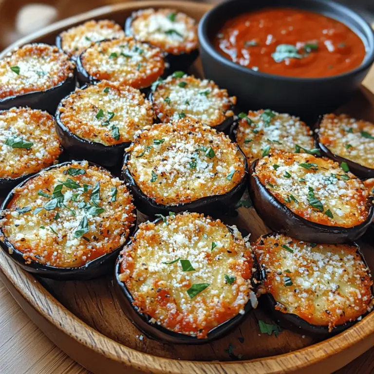 Crispy Eggplant Marinara Bites are a delightful fusion of textures and flavors that is sure to please both eggplant enthusiasts and newcomers alike. This dish showcases the versatility of eggplant, transforming it from a humble vegetable into a crunchy, appetizing appetizer or snack. The crispy exterior, achieved through a careful breading process, contrasts beautifully with the rich and tangy marinara sauce that accompanies it. This recipe not only highlights the vibrant flavors of the Mediterranean but also serves as a testament to the art of frying and saucing, making it a perfect addition to any gathering or meal.