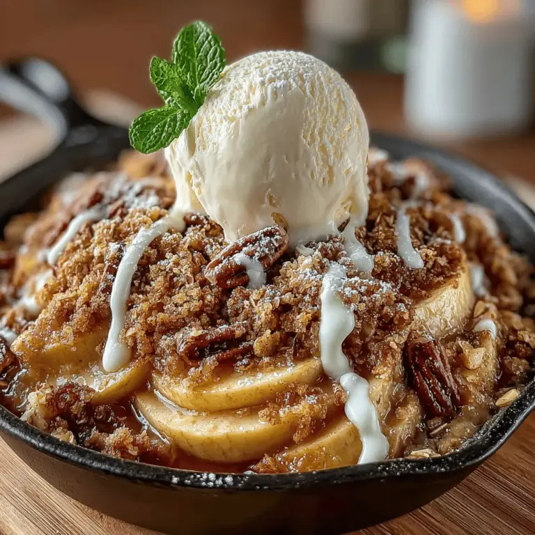 The Warm Cinnamon Apple Crumble Skillet is a delightful dessert that embraces the essence of comfort food. With its perfect harmony of tart Granny Smith apples and a sweet, crunchy topping, this dish appeals to the senses and evokes feelings of warmth and nostalgia. Ideal for any occasion, from a cozy family dinner to a festive gathering, this recipe is as versatile as it is delicious, allowing for personal touches such as the addition of nuts or a generous scoop of vanilla ice cream on top.