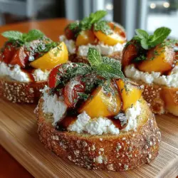 Crostini, the Italian word for "little toasts," are a versatile and elegant appetizer that can elevate any gathering, from casual get-togethers to sophisticated soirées. These small, crisp pieces of bread serve as the perfect canvas for a variety of toppings, allowing chefs and home cooks alike to showcase their creativity and flavor preferences. One standout combination that beautifully exemplifies the art of crostini is the Peachy Goat Cheese Bliss Crostini. This dish marries the sweetness of ripe peaches with the creamy tang of goat cheese, resulting in an appetizer that not only pleases the palate but also captivates the eye.