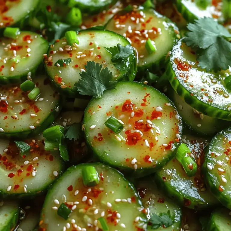 Welcome to a culinary adventure that highlights one of the most refreshing and flavorful salads you can make at home: the Crunchy Spicy Cucumber Salad. This vibrant dish seamlessly combines the crispness of fresh cucumbers with a zesty dressing, creating an invigorating blend of textures and tastes that can elevate any meal. Whether you're hosting a summer picnic, planning a light lunch, or looking for a perfect side dish to complement your favorite Asian-inspired recipes, this salad is a fantastic choice. Not only is it easy to prepare, but it is also packed with nutrients, making it a guilt-free addition to your dining table.