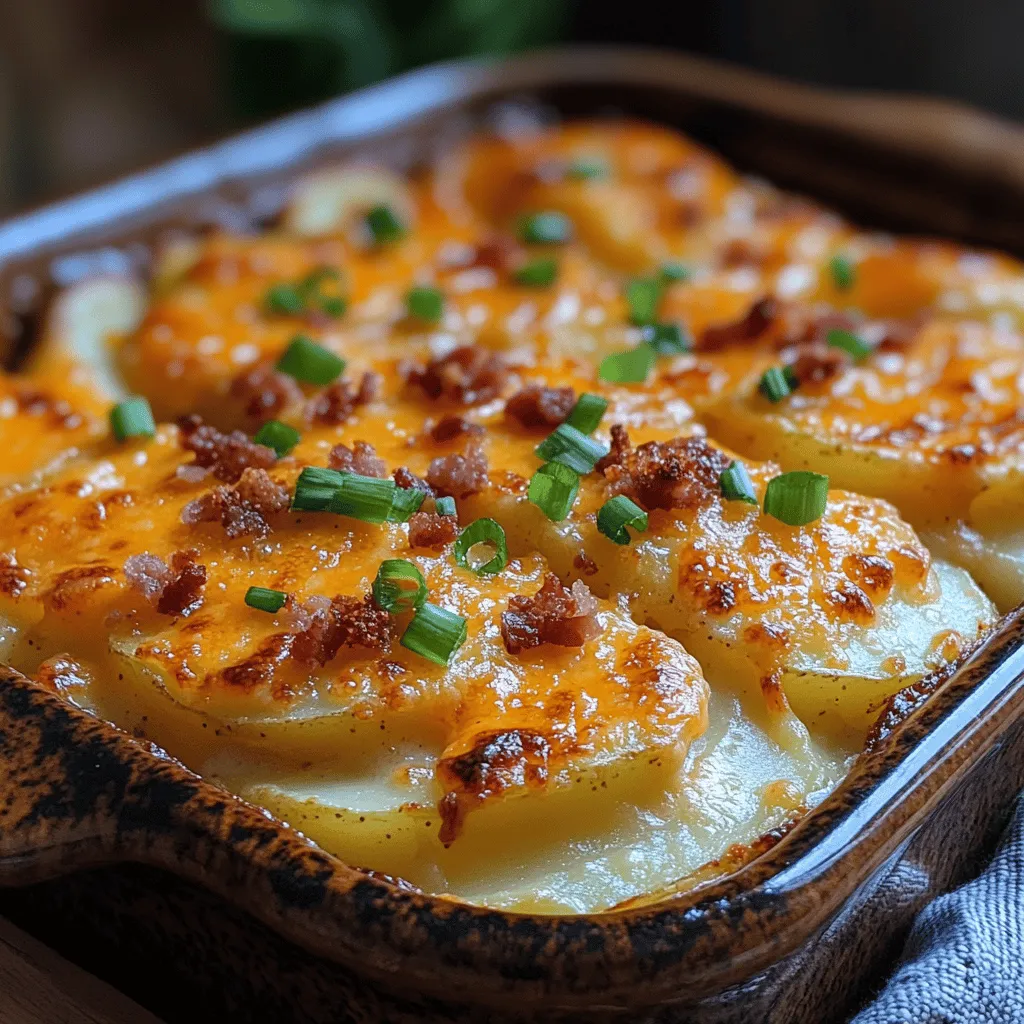 To achieve the perfect Cheesy Bacon Potato Casserole, the creamy base is crucial. Start by taking a large mixing bowl and adding in <strong>16 ounces of sour cream</strong>, <strong>1 cup of shredded cheddar cheese</strong>, and <strong>1 teaspoon of garlic powder</strong>. Using a spatula or a hand mixer, combine these ingredients until they reach a smooth, creamy consistency.” /></p>
</p>
<h2>Mixing the Creamy Base</h2>
</p>
<p>To achieve the perfect Cheesy Bacon Potato Casserole, the creamy base is crucial. Start by taking a large mixing bowl and adding in <strong>16 ounces of sour cream</strong>, <strong>1 cup of shredded cheddar cheese</strong>, and <strong>1 teaspoon of garlic powder</strong>. Using a spatula or a hand mixer, combine these ingredients until they reach a smooth, creamy consistency.</p>
</p>
<p>Ensure that there are no lumps, as a uniform mixture will help in evenly distributing the flavors throughout the casserole. The sour cream provides a tangy richness that complements the cheese and bacon, making every bite melt in your mouth. If desired, you can also incorporate a dash of black pepper and a pinch of salt to enhance the flavor profile. Once you are satisfied with the smoothness of your mixture, set it aside, allowing the flavors to meld while you prepare the potatoes.</p>
</p>
<h2>Building the Layers</h2>
</p>
<p>Now that you have your creamy base ready, it’s time to assemble the casserole. Grab a 9×13 inch baking dish and start by layering the ingredients. Begin with half of the <strong>sliced potatoes</strong>, arranging them in an even layer across the bottom of the dish. The visual appeal of the casserole is important, so take a moment to ensure the potatoes are neatly aligned.</p>
</p>
<p>Next, spoon half of the sour cream mixture over the potatoes, spreading it gently with a spatula to cover every inch. Follow this with half of your <strong>crisped bacon</strong>, scattering the pieces evenly across the surface. Repeat this layering process: another layer of potatoes, the remaining sour cream mixture, and finally, the rest of the bacon. This method builds not only flavor but also creates a delightful texture contrast, ensuring each forkful delivers a burst of cheesy, meaty goodness.</p>
</p>
<p>To finish off the casserole, sprinkle the top with an additional <strong>1 cup of shredded cheese</strong>. This layer will melt beautifully during baking, creating a golden crust that adds both flavor and texture.</p>
</p>
<h2>Baking Process: Timing and Techniques</h2>
</p>
<p>The baking process is where the magic truly happens, transforming your layered masterpiece into a bubbling, cheesy delight. Preheat your oven to <strong>375°F (190°C)</strong> before placing the casserole inside.</p>
</p>
<h3>Covering with Foil</h3>
</p>
<p>To prevent the top from over-browning while the potatoes cook through, cover the baking dish with aluminum foil. This step is essential, as it retains moisture, allowing the potatoes to steam and soften thoroughly. Bake the casserole covered for the first <strong>45 minutes</strong>.</p>
</p>
<h3>Timing for Baking</h3>
</p>
<p>After 45 minutes, carefully remove the foil. This is the moment the casserole begins to turn golden and bubbly. Allow it to bake uncovered for an additional <strong>15-20 minutes</strong>. Keep an eye on it during this time; the cheese should be melted and beginning to brown slightly, giving it that appealing crust.</p>
</p>
<h3>Tips for Checking Doneness</h3>
</p>
<p>To determine if your casserole is ready, insert a fork into the center. The potatoes should be tender and easily pierced. If they’re still firm, return the dish to the oven for another 5-10 minutes, checking periodically. When fully cooked, the casserole should be bubbling around the edges, and the top should have a golden brown hue.</p>
</p>
<h2>Garnishing and Serving Suggestions</h2>
</p>
<p>Once your casserole is out of the oven, let it cool for a few minutes before garnishing. This resting period allows the layers to settle, making it easier to serve.</p>
</p>
<h3>Chopped Green Onions</h3>
</p>
<p>A sprinkle of <strong>chopped green onions</strong> on top not only adds a pop of color but also introduces a fresh contrast to the dish’s richness. The mild onion flavor complements the cheesy, smoky notes of the bacon perfectly. Feel free to adjust the amount according to your taste.</p>
</p>
<h3>Serving Suggestions</h3>
</p>
<p>Cheesy Bacon Potato Casserole stands beautifully on its own, but it pairs wonderfully with a variety of side dishes. Consider serving it alongside a fresh <strong>green salad</strong> dressed lightly with vinaigrette to cut through the richness. Alternatively, steamed <strong>vegetables</strong> like broccoli or green beans can add a nutritious touch to your meal.</p>
</p>
<p>For a complete experience, you might also serve it with <strong>grilled chicken</strong> or <strong>pork chops</strong>. These proteins can balance the casserole’s heavy flavors and provide a satisfying meal.</p>
</p>
<h3>Storing Leftovers</h3>
</p>
<p>If you have any leftovers (which is often rare with this crowd-pleaser), store them in an airtight container in the refrigerator. They can be enjoyed for up to <strong>3-4 days</strong>. To reheat, place a portion in a microwave-safe dish and cover it loosely with a damp paper towel to retain moisture. Heat in short intervals, stirring occasionally, until hot throughout. Alternatively, you can reheat in the oven at <strong>350°F (175°C)</strong> until warmed, which will help restore some of the original texture.</p>
</p>
<h2>Conclusion: The Joy of Sharing Cheesy Bacon Potato Casserole</h2>
</p>
<p>The Cheesy Bacon Potato Casserole is more than just a dish; it embodies warmth, comfort, and the joy of sharing delicious meals with loved ones. There’s something inherently satisfying about gathering around the table, serving this hearty casserole, and watching as faces light up with delight at the first bite.</p>
</p>
<p>This recipe not only brings out the best of simple ingredients but also fosters connection and conversation, creating memories that linger long after the last forkful. As you embrace the cooking process, you’ll find that the joy of preparing this casserole is just as rewarding as enjoying it. So gather your ingredients, don your apron, and relish the experience of creating this comforting masterpiece that is sure to become a favorite in your home.</p>
</div>