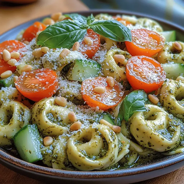 Creamy Pesto Tortellini Salad is a vibrant dish that perfectly balances flavors and textures, making it an ideal choice for gatherings or as a wholesome meal for any day of the week. This delightful salad features tender cheese tortellini coated in a rich, creamy pesto dressing, complemented by a medley of fresh vegetables. Its visual appeal, with a kaleidoscope of colors from cherry tomatoes, spinach, cucumbers, and bell peppers, makes it not only a feast for the palate but also for the eyes.
