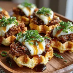 To achieve the perfect waffle for your Mini Cheesy Turkey Waffle Melts, it’s crucial to master the waffle batter. Start by combining your dry ingredients—flour, baking powder, salt, and any preferred seasonings—in a large mixing bowl. In a separate bowl, whisk together the wet ingredients, which typically include eggs, milk, and melted butter.