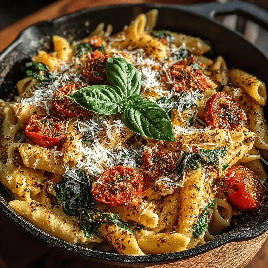 Creamy Tomato Spinach Skillet Pasta is a delightful dish that perfectly balances comfort and nutrition. With its rich, velvety sauce enveloping perfectly cooked pasta, this recipe is designed to please both the palate and the eye. The vibrant colors of fresh spinach and juicy tomatoes create an inviting presentation, making it a fantastic option for family dinners or casual gatherings. But what truly makes this dish appealing is its simplicity—prepared in just one skillet, it offers a quick and hassle-free cooking experience without compromising on flavor.