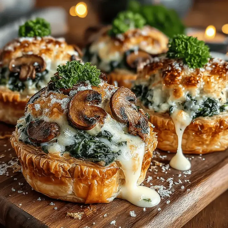 Mini Spinach & Mushroom Melt Cups are a delightful and savory treat that harmoniously blends earthy flavors with creamy textures, making them an ideal addition to any gathering or a special snack for yourself. These bite-sized delights feature a filling of sautéed spinach and mushrooms, enveloped in a rich mixture of cheeses, all nestled within crispy phyllo pastry cups. Their elegant presentation and irresistible taste are sure to impress your guests, whether served at a dinner party, a holiday celebration, or simply as an afternoon snack.